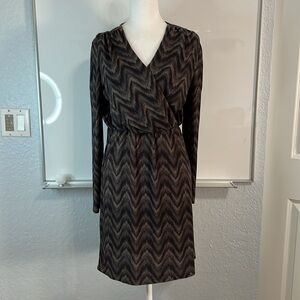 Anthropologie Hazel Brown Cream Chevron Print V-Neck Long Sleeve Dress L